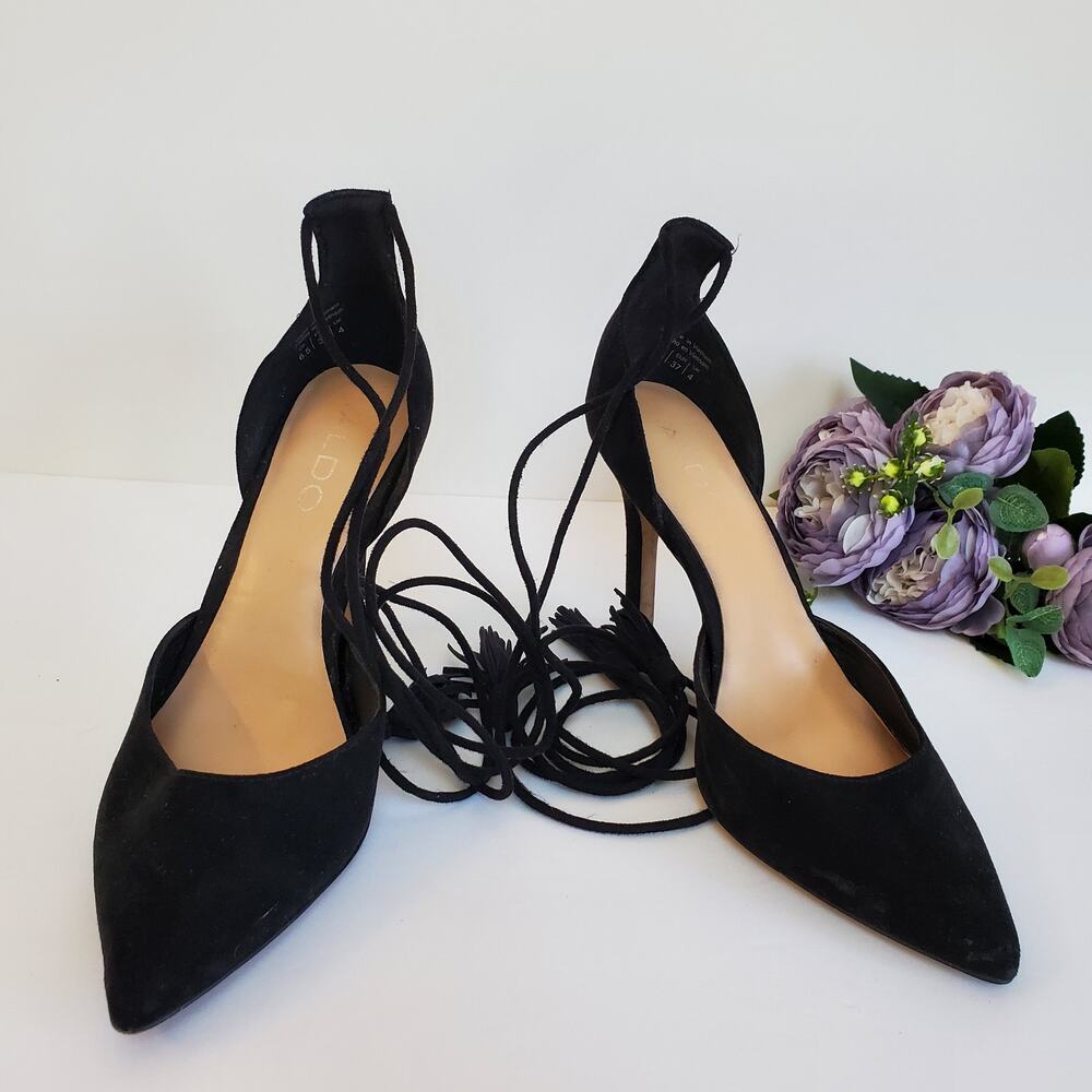 Aldo Black Suede Pointy Toe Ankle Wrap, 6.5